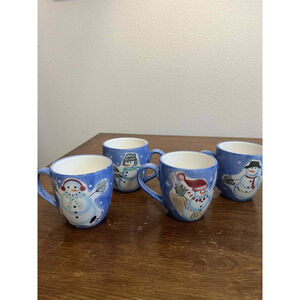 Set of 4 Hand Painted Snowman Christmas Mugs Brushes K.I.C. Winter Holiday Coffe